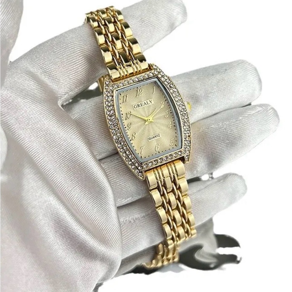 Luxury Gold Panther-Style Watch | Crystal Bezel Rectangular Face